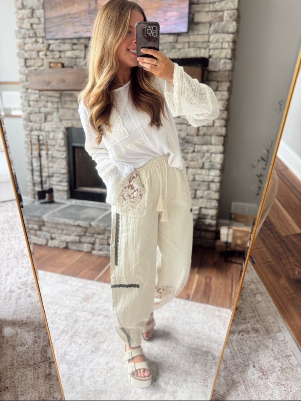 Cream Lace-Trim Drawstring Joggers by Mello small
